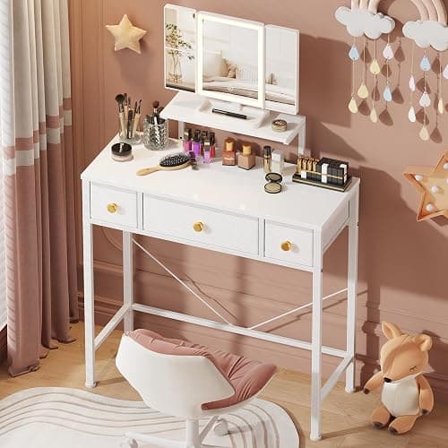 HIGDBFE Small Makeup Vanity Desk 27.5''W with Mirror and Lights, Vanity Desk with 3 Fabric Drawers and Height-Adjustable Stand, Vanity Table for Girls Gifts, Bedroom and Small Spaces, White - Image 1