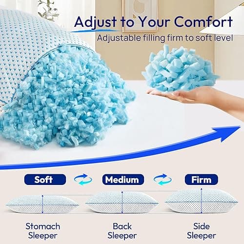 Adjustable Cooling Gel Memory Foam Pillows Queen Size for Sleeping 1 Pack,Firm Thick Bamboo Rayon Shredded Foam Bed Pillows for Side, Back, Stomach Sleepers Washable Breathable Pillowcase,College Dorm - White - Queen (Pack of 1) thumbnail 4