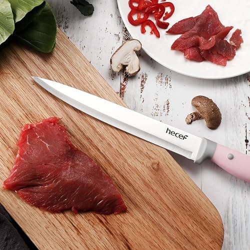 hecef Kitchen Knife Block Set, 14 Pieces Knife Set with Wooden Block & Sharpener Steel & All-purpose Scissors, High Carbon Stainless Steel Cutlery Set (Pink) thumbnail 9