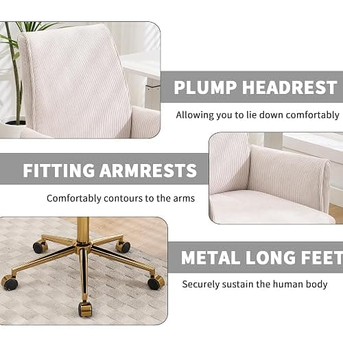 YITAI Stripes Velvet 360°Swivel Desk Chair, Modern Height Adjustable Home Office Armchair with Gold Base and Wheels for Vanity, Comfy Computer Chair for Study Living Room Bedroom（Beige） thumbnail 4