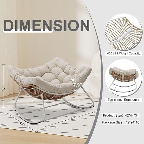 ZJEYEJZ Outdoor Rocking Chair, Oversized Rattan Papasan Rocking Chair, Patio Wicker Egg Chair with Padded Cushion, Rocker Egg Chair for Living Room, Patio, Front Porch, Backyard thumbnail 3