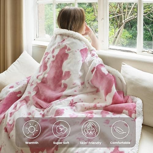 blunique Cow Print Heated Throw Blanket Electric Blanket-Heating Blanket Throw with 10 Heat Levels & 10 Hours Auto-Off, Cozy Soft Fleece Sherpa, Washable, 50 x 60 Inches Cow Print Pink thumbnail 3