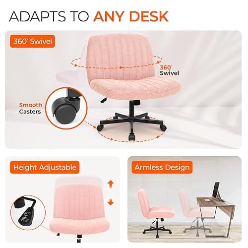 Orange Factory Criss Cross Chair Wheels Wide Cross Legged Office Desk Vanity Chair Comfy Fabric Armless Adjustable Swivel for Home Computer Task (Pink) thumbnail 6
