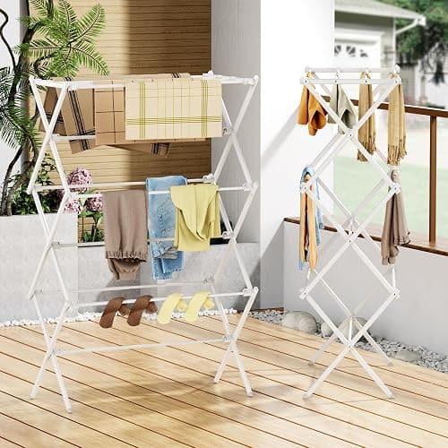 FILROUG Drying Rack Clothing, 3-Tier Clothes Drying Rack Foldable, Antirust Laundry Drying Rack Collapsible Use for Indoor & Outdoor, 11.8" D x 34.6" W x 35.4" H, White thumbnail 2