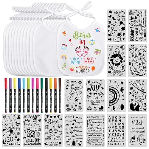 BOOMTOP 12 Baby Lätzchen zum Bemalen Babylätzchen Baumwolle mit 15x Malen Schablonen 12x Textilstifte Babyparty Deko Spiele Wasserdicht Lätzchen für Babys Junge Mädchen Babyshower Tiere Malvorlagen - Image 1