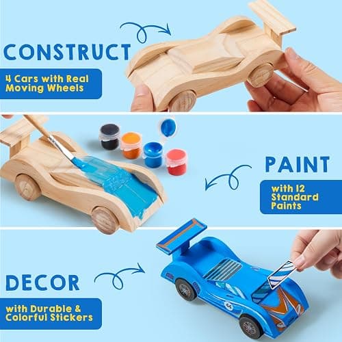 Klever Kits 4 DIY Wooden Race Cars-Build & Paint Your Own Wood Craft Kit, 4 Race Cars Toy, Easy to Assemble Arts Crafts Kit, Birthday Party Presents for Kids Boys and Girls thumbnail 4