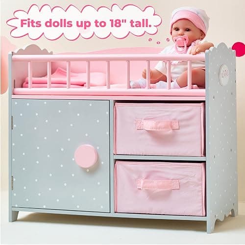 Olivia's Little World Wooden Baby Doll Crib with a Cabinet and Two Cubbies for Doll Accessory Storage Underneath, Pink and Gray and White Polka Dots thumbnail 7