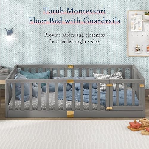 Tatub Twin Montessori Floor Bed with High Rails, Solid Wood Montessori Bed Frame for Kids, Door Can Install Left and Right, Twin-Grey thumbnail 3