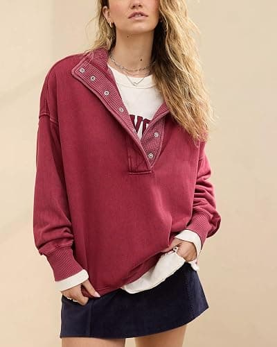 Gacaky Sweatshirt for Women Oversized Henley Neck Pullover Top Fall Outfits | Oversized Silhouette, Quilted Placket Detail, Henley Sweatshirt, Comfort Soft Sweaters, Fall Winter Fashion Outfits Clothes thumbnail 5