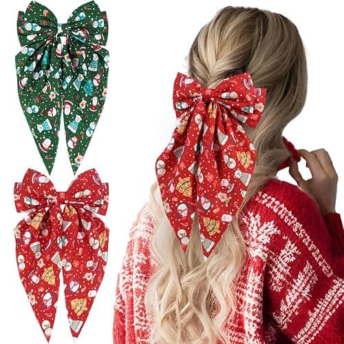 OAOLEER 2PCS Christmas Hair Bows for Women 8 Inch Red Green Satin Layered Hair Clips with Santa Claus and Christmas Tree Pattern Xmas Long Tail French Style Hair Accessories for Girls - Image 1