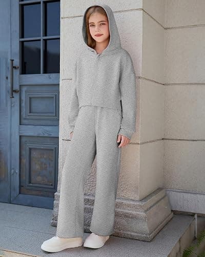 YOURUIKEY Girls 2 Piece Outfits Hoodie Zip Drop Shoulder Sweatshirt and Sweatpants Set with Pockets Sweatsuit Fall Clothes thumbnail 5