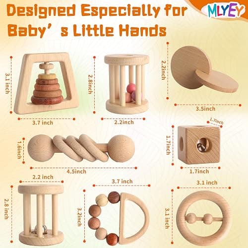 Wooden Baby Toy 8pcs, Montessori Toys for Babies 1-3 Years Old, Wooden Rattles Toy Set for Infant Grasping, Sensory Development, Gift for Baby Boys Girls (Natural Wood) thumbnail 2