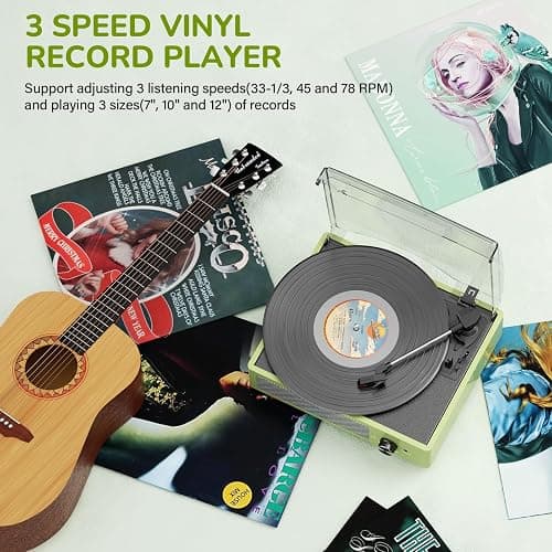 Vinyl Record Player Turntable with Built-in Bluetooth Receiver & 2 Stereo Speakers, 3 Speed 3 Size Portable Retro Record Player for Entertainment and Home Decoration(Orange) - Orange thumbnail 6