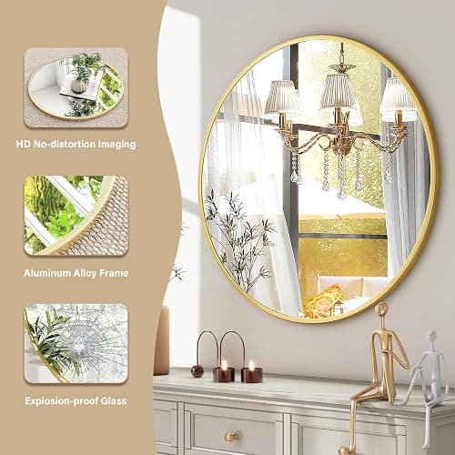 HARRITPURE Round Mirror 30 Gold Wall Mounted Circle Mirrors Vanity Mirror with Brushed Aluminum Alloy Frame Modern Decoration for Bathroom, Living Room, Vanity, Bedroom, Entryway thumbnail 5
