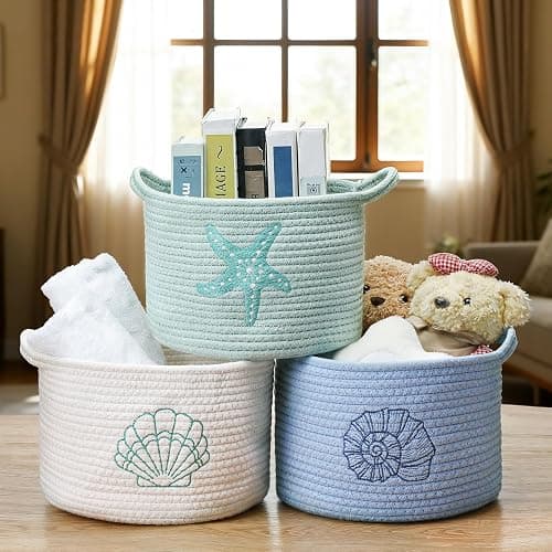 Vesici 3 Pcs Coastal Seashell Starfish Woven Baskets Blue White Green Beach Small Cotton Rope Storage Basket 9.7'' x 7.1'' Laundry Organizer with Handles for Toys Clothes Organization Nursery Bedroom thumbnail 2