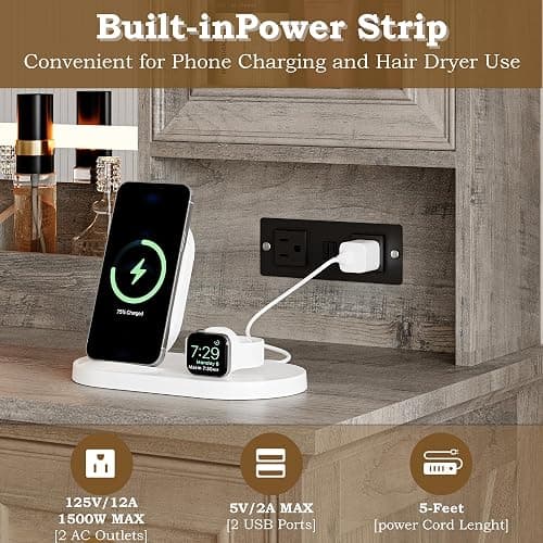 BORNOON Vanity Desk with Lights, Large LED Mirror with 3 Color Modes, Makeup Vanity with Power Outlet & USB Ports, 6 Drawers & 2 RGB Glass Cabinets, Farmhouse Dressing Table for Women & Girls (Wood) thumbnail 6