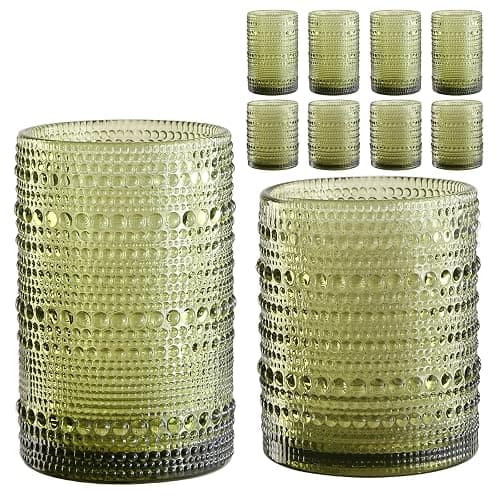ZMOWIPDL Vintage Hobnail Drinking Glasses Set of 8,Green 12 oz & 15oz Highball Glass Cups, Kitchen Drinkware Glassware,Embossed Water Tumbler,for Beer,Cocktail,Whiskey,Juice and Various Mixed Drinks - Image 1