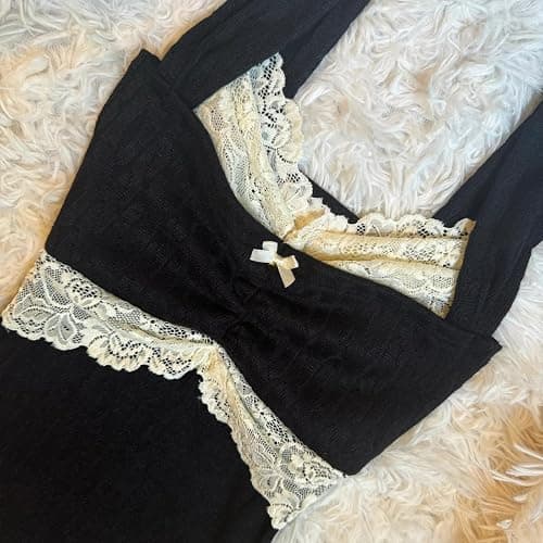 Sunloudy Women Coquette Grunge Tank Tops Vintage Aesthetic Lace Trim Camisole Ribbed Knit Slim Fit Fairy Shirt Clothes thumbnail 2