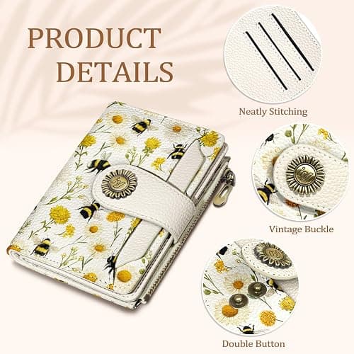 Icycay Floral Bee Small Wallet Women RFID Blocking Bifold, Credit Card Holder, Zipper Coin Pocket, PU Leather, Cute, Compact, Travel, 4 ID Window, 14 Card Slots, Cash Purse, Ladies Woman Female Girls thumbnail 5