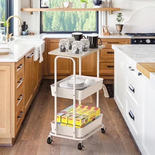 Simple Houseware 2-Tier Rolling Utility Cart with Lockable Wheels and Wood Top, Metal Storage Organizer Trolley for Kitchen, Bathroom, Office, Craft Room, Maple thumbnail 7
