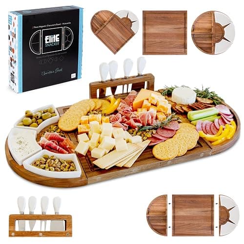 Elite Snacker Large Charcuterie Board Set, Acacia Wood, Natural Oil Finish | Magnetic 3-Piece Acacia Wood Design, Reshapes Circle Square Heart, Expands 13 to 26 In, 4 Knives, 3 Dishes, Rich Oiled Grain - Image 1