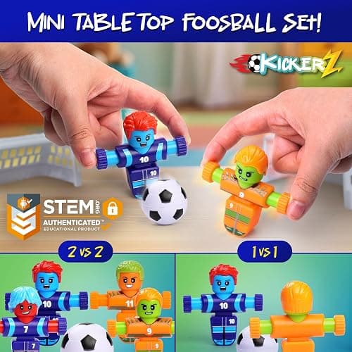 Power Your Fun KickerZ Soccer Fidgets Game Set- 8pc Tabletop Soccer Mini Fidget Toys with 4 Players, 2 Goals, 2 Balls, Foosball Spinner Fidget for Kids Teens Adults Sensory Toy Multiplayer Travel Game thumbnail 4
