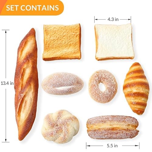 Joeabor 8pcs Artificial Bread Set, Realistic Fake Food for Display, Fake Bread for Decoration, Faux Food Props, Includes Faux Croissant, Dessert, Baguette and Toast thumbnail 3