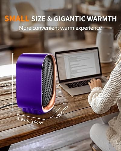 Space Heater, Portable Desk Heater for Indoor Use, Ultra Quiet & Compact | Small Electric Heaters with Overheat & Tip-Over Protection, Fast & Efficient Heating for Office Bedroom Bathroom, Purple thumbnail 6