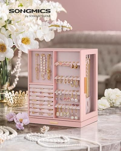 SONGMICS Jewelry Box 360° Rotating, Jewelry Storage Case with 5 Drawers, Jewelry Organizer, Glass Window, Spacious, Vertical Jewelry Storage, Open Design, Christmas Gift, Jelly Pink UJBC170R01 thumbnail 2
