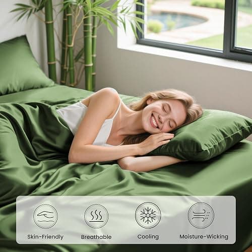 Love's cabin 4 Piece Full Size Sheet Set, 100% Rayon Derived from Bamboo, Cooling & Breathable, Soft Silky Deep Pocket up to 16", Hotel Luxury Bedding for Hot Sleepers, Olive Green thumbnail 5