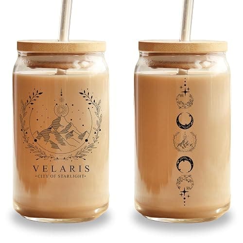 Sip Sip Hooray ACOTAR 16oz Glass Can Cup with Lid and Straw, Velaris City of Starlight Iced Coffee Tumbler, Night Court Bookish Drinkware, Dishwasher Safe Fantasy Gift for Women, To The Stars Mug - ACOTAR - Image 1
