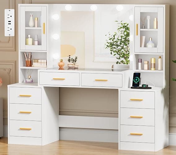 BEWISHOME Makeup Vanity Desk with Mirror and Lights,55.12" Large Vanity Table with Glass Top,White Makeup Desk with Power Outlet 8 Drawers,Dressing Table for Bedroom Women Girls Modern FST37W - Image 1