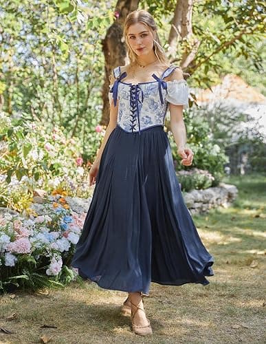 Scarlet Darkness Maxi Skirts for Women Long Flowy Boho Renaissance Skirt | Pockets, A Line, Elastic High Waist, for Summer, Casual, Vacation, Ren Faire thumbnail 3