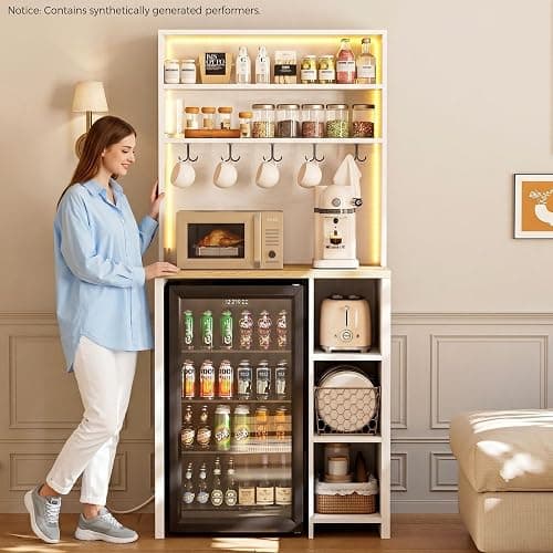 IRONCK Bakers Rack with Mini Fridge Space, 69.3" Microwave Stand, White | 7-Tier Coffee Bar Station, Power Outlets, LED Lights, Space-Saving Utility Organizer for Small Apartment, Dorm, Living Room thumbnail 3