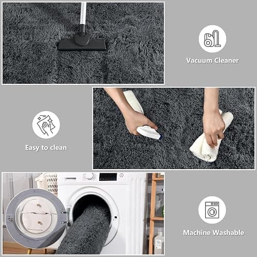 DweIke Fluffy Dark Grey 4x6 Area Rugs for Bedroom Living Room, Soft Plush Shaggy Deep Gray Girls Boys Kids Rug, Non-Slip and Machine Washable Carpet for Dorm Nursery Classroom Decor - 4' x 6' (Rectangular) - Dark Grey thumbnail 6