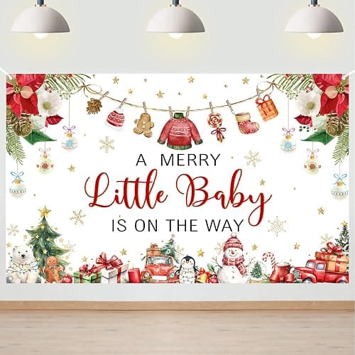 Avezano Christmas Baby Shower Backdrop A Little Merry Is on the Way Banner Xmas Winter Wonderland Newborn Baby Shower Party Decorations (6x3.6ft) - Image 1