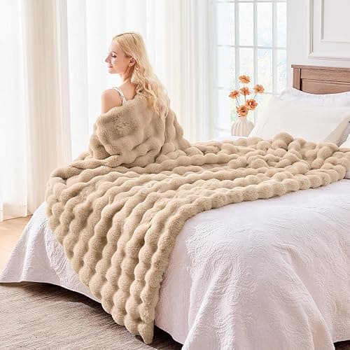 BENVWE Faux Fur Throw Blanket for Couch Bed - Fluffy Soft Thick Bubble Blanket for Living Room Home Decor - Mothers Day Birthday Gifts for Women, Beige, 63" x 80" thumbnail 5