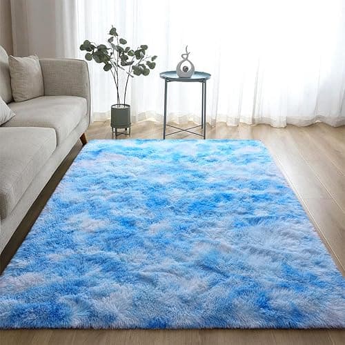 DweIke Fluffy Blue Shag Rugs for Bedroom Living Room, 3x5 Feet Soft Plush Tie-Dyed Light SkyBlue Girls Boys Kids Rug, Upgraded Non-Slip and Machine Washable Carpet for Dorm Nursery Classroom Decor thumbnail 6
