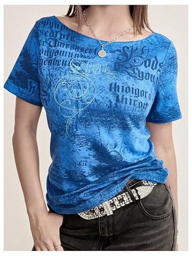 RoseSeek Women's Off The Shoulder Tops Graphic Goth Tee Y2k Vintage Asymmetrical Neck Oversized T Shirts thumbnail 4