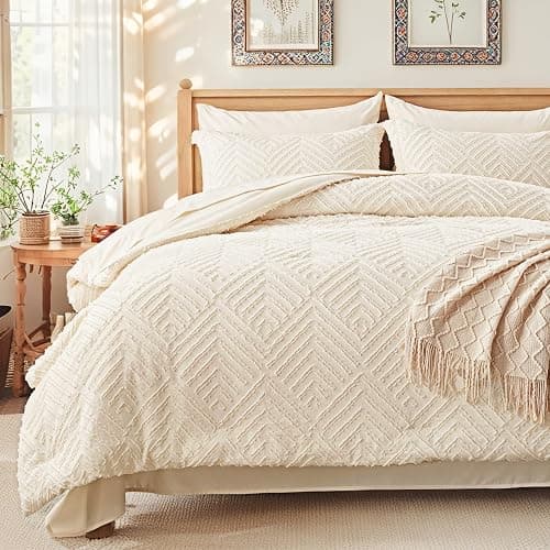 Zzlpp Queen Comforter Set 7 Pieces, Cream Tufted Bed in a Bag with Comforter and Sheets, All Season Boho Bedding Sets with 1 Comforter, 2 Pillow Shams, 2 Pillowcases, 1 Flat Sheet, 1 Fitted Sheet - Image 1