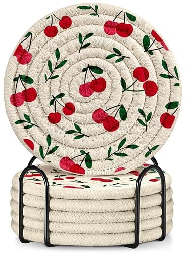 Kokaaee Cup Coasters for Drinks Absorbent - for Coffee Wooden Table Office Cute Farmhouse Outdoor Rustic Desk Kawaii Woven Women Kid Soft Cloth Braided Fabric Girly Cherry Coaster Set of 6 with Holder - Image 1