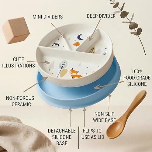 OKiBoo Non-Toxic Divided Ceramic Toddler Plate with Silicone Lid & Non-Slip Base, 8 Inch Microwave & Dishwasher Safe Porcelain Dish for Babies, Kids, Animal Design (Sky Mist) thumbnail 9