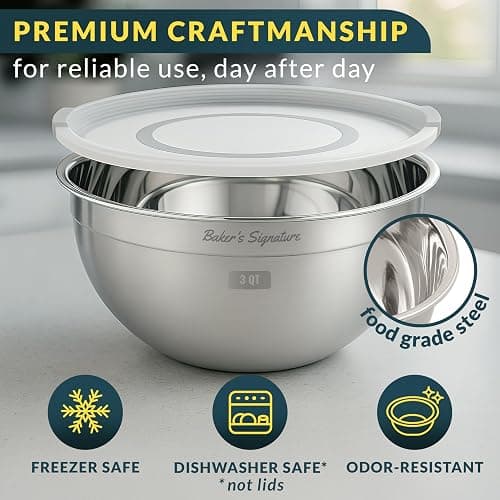 Baker's Signature Stainless Steel Mixing Bowls With Lid, Metal Mixing Bowl Set Of 3, Nesting Set For Food Prep, Baking,Storage, Cooking, Serving | Dishwasher Safe, Silver, 1.5/3/5 Qt thumbnail 3