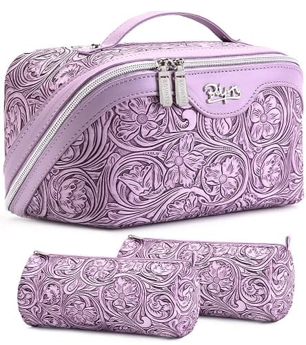 BOYATU Travel Makeup Bags Cosmetic Organizer Bag: 3 Pcs Set Large Capacity Floral Make up Bag with Compartments - Waterproof Leather Toiletry Bags with Handle for Women (21-Purple) - Image 1