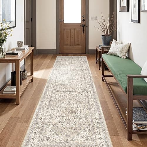 3x10 Runner Rug for Hallway Washable: Non Slip Kitchen Rugs with Rubber Backing Soft Waterproof Mats Stain Resistant Indoor Vintage Carpet Runner for Bedroom Bathroom Laundry Entryway Beige/Gray thumbnail 3