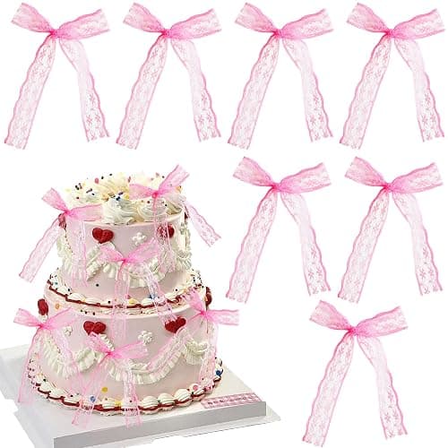 Ephlyn 30Pcs Bow Cupcake Toppers Bowknot Ribbons Coquette Bow High Footed Cup Balloon Wall Party Decorations Cake Dessert Picks Birthday Wedding Party Supplies Lace Pink thumbnail 4