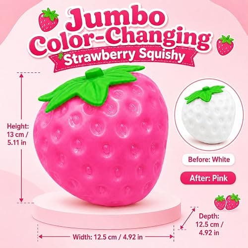 Jumbo Strawberry Squishy,Color Changing Sunlight Activated Squeeze Toy Gift | 5.1in Giant Strawberry Fidget Sensory Toy,White to Pink Color-Changing Slow Rising Fruit Squishy Stress Ball for Party Favors thumbnail 2