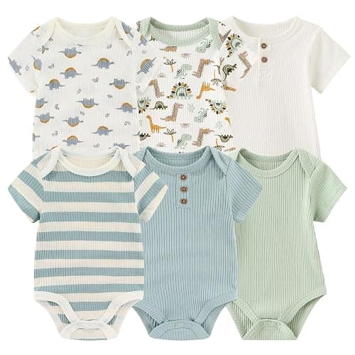 Ruliby Baby Bodysuit 6 Pack Soft Mixed Ribbed Short Sleeve Romper Infant Boy Girl Clothes Set - Image 1