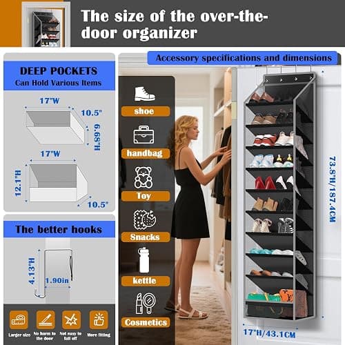 Cotohim 10 - Pocket Over - the - Door Hanging Shoe Organizers & Rack, Made of Sturdy 600D Oxford + Non - Woven Fabric, Space - Saving Storage for Shoes, Boots & More (Black) thumbnail 2