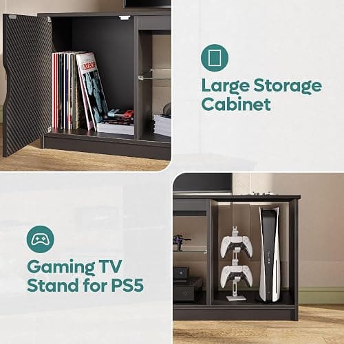 Bestier 145 CM LED TV Stand for 55/60 / 65 Inch TVs Gaming Entertainment Center with Cabinet for PS5 Modern TV Cabinet with Adjustable Glass Shelves for Living Room Bedroom - 145CM - Black Carbon Fiber thumbnail 5
